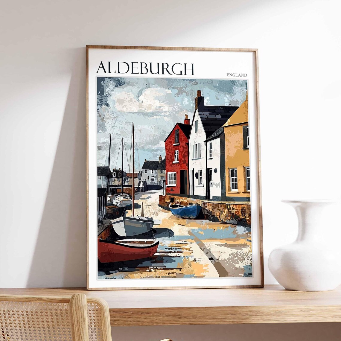 Aldeburgh Quiet Quay Moored Boats Modern Suffolk Seaside Art Poster