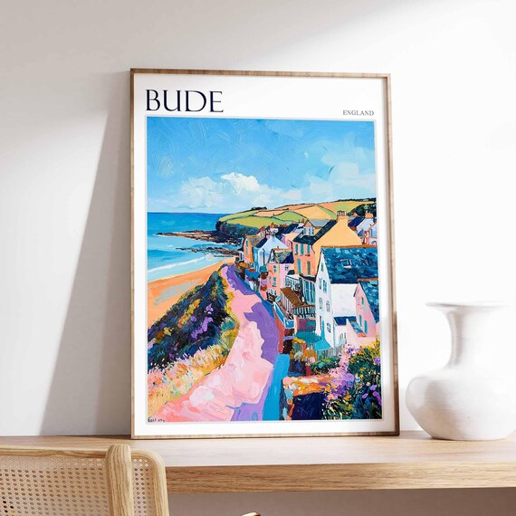 Bude England Colorful Seaside Town Pink Cliff Path Art Poster
