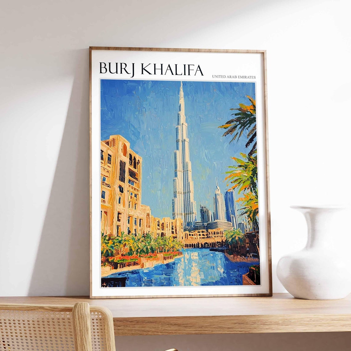 Burj Khalifa Dubai Old Town Waterfront and Palm Trees Poster