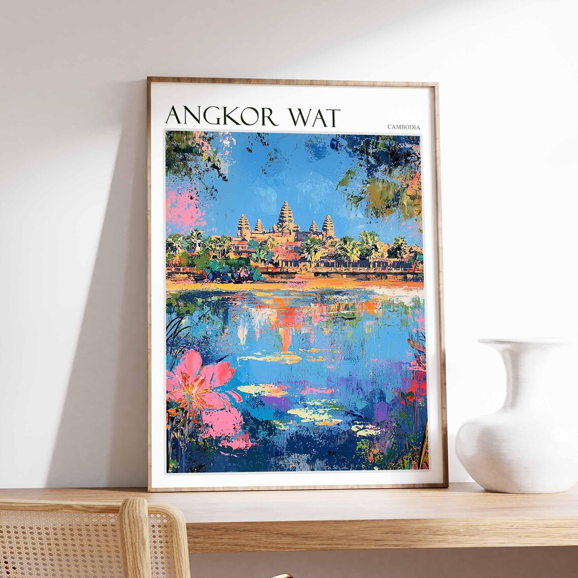 Angkor Wat Cambodia Lotus Flowers Abstract Painting Travel Poster