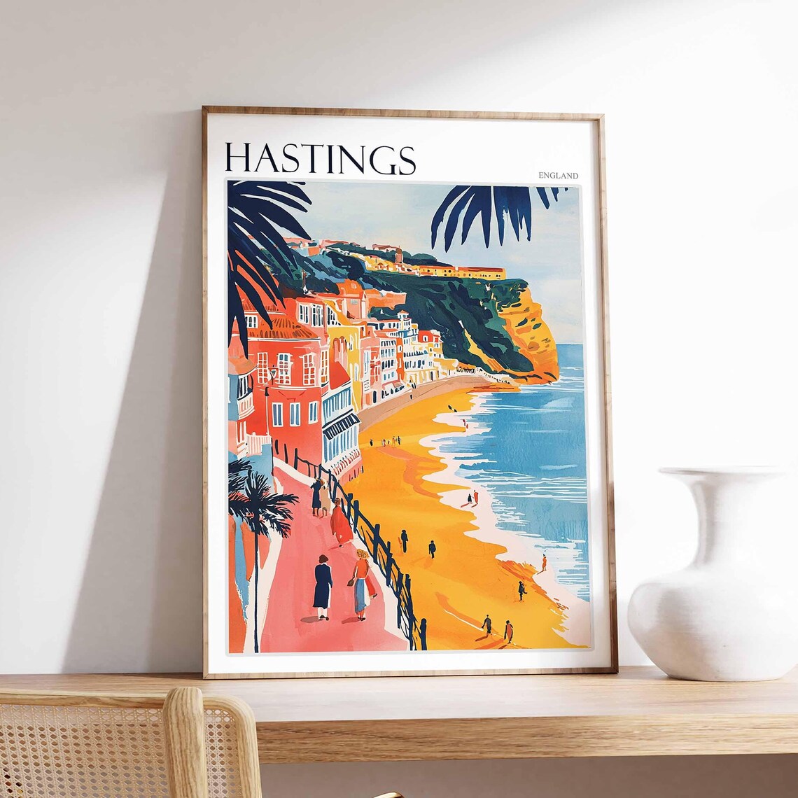 Hastings England Red Promenade Orange Rooftops Golden Beach Poster