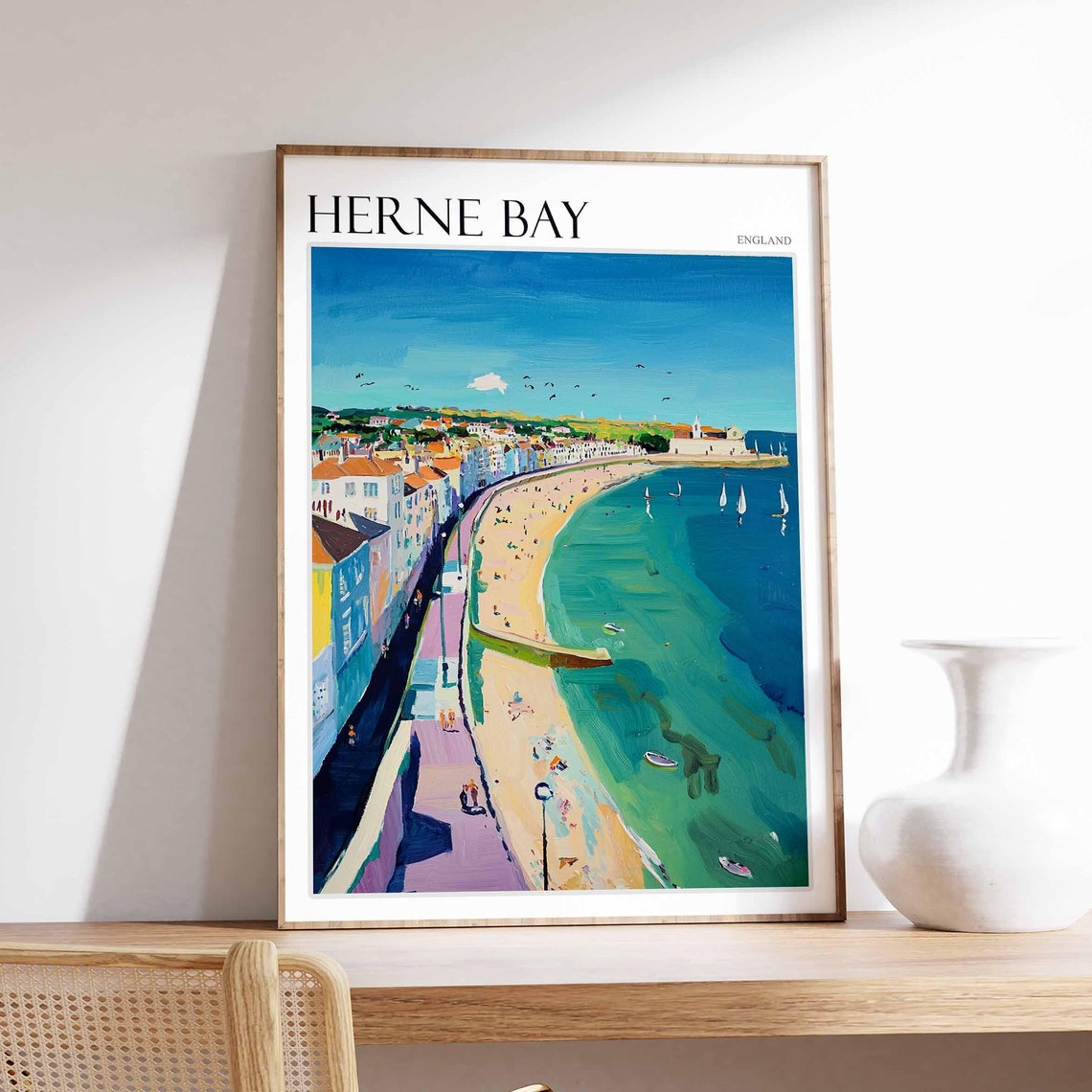 Herne Bay England Curved Beach Aerial Rooftops Sailing Poster