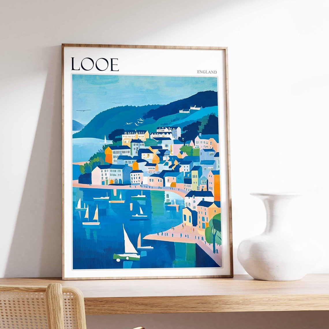 Looe England Panoramic Blue Harbor Sailboats Hillside Town Poster
