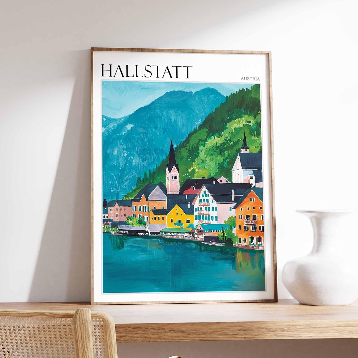 Hallstatt Austria Village Houses Teal Lake Illustration Poster