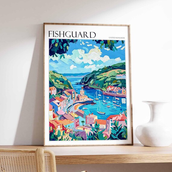 Fishguard Impressionist Harbor Hillside Village Sailing Boats Travel Poster