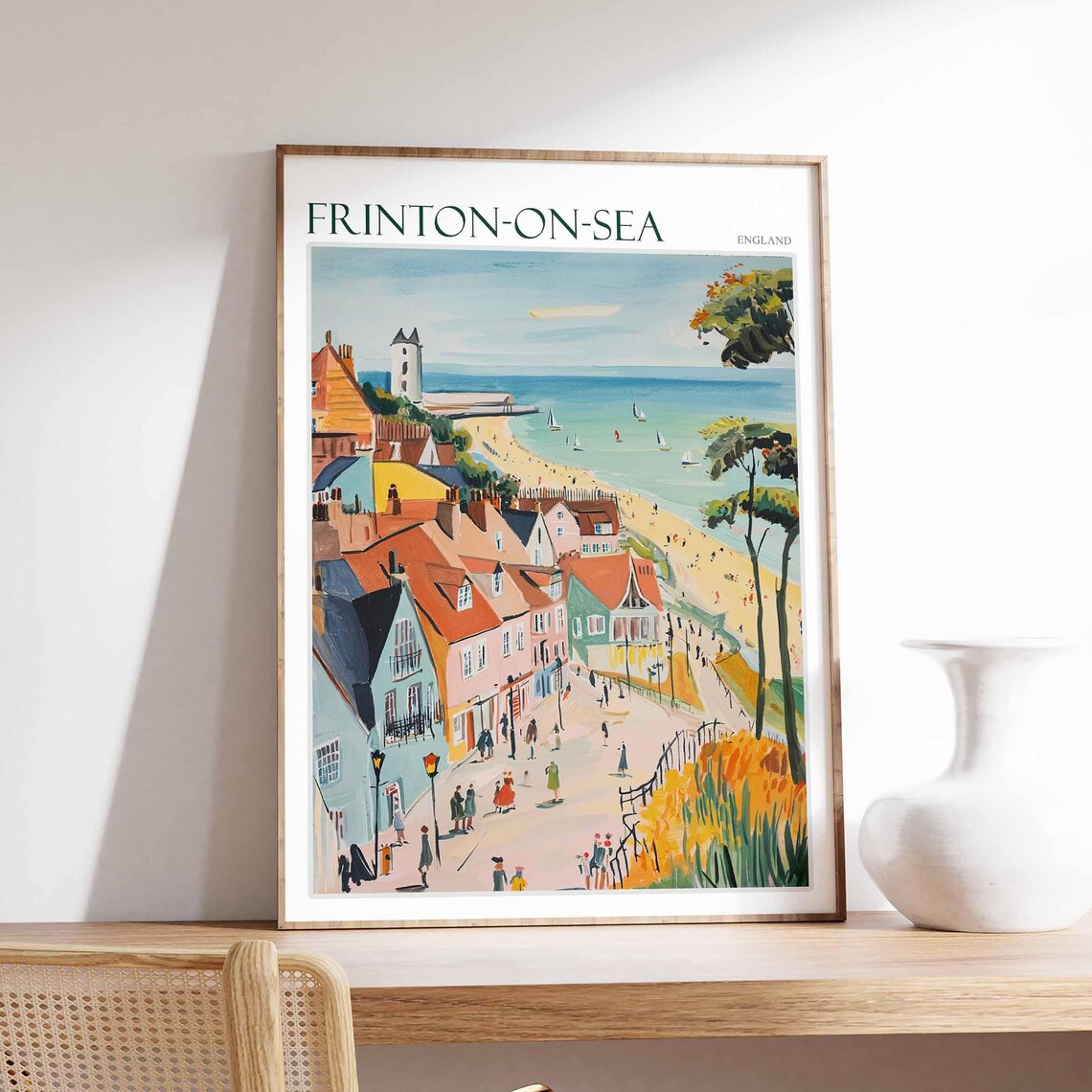 Frinton On Sea Lively Street White Tower Sailboats Sandy Beach Travel Poster