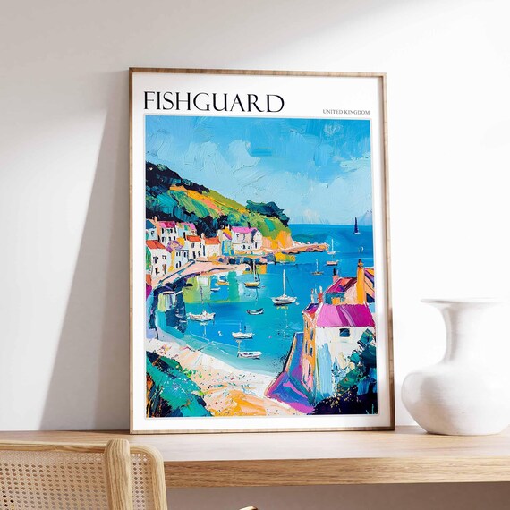 Fishguard Impressionist Sailing Boats Colorful Waterfront Wales Travel Poster