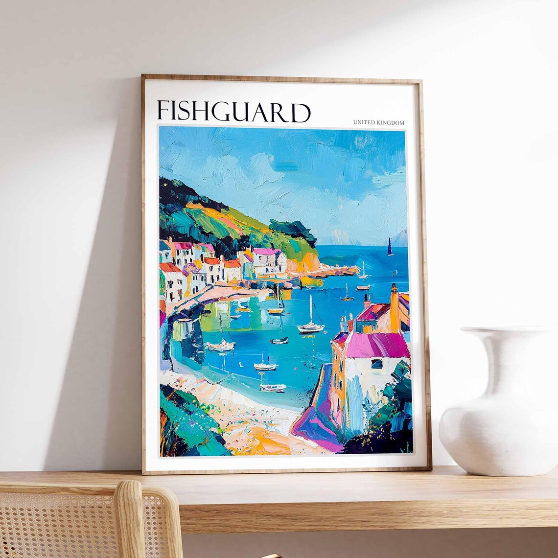 Fishguard Impressionist Sailing Boats Colorful Waterfront Wales Travel Poster