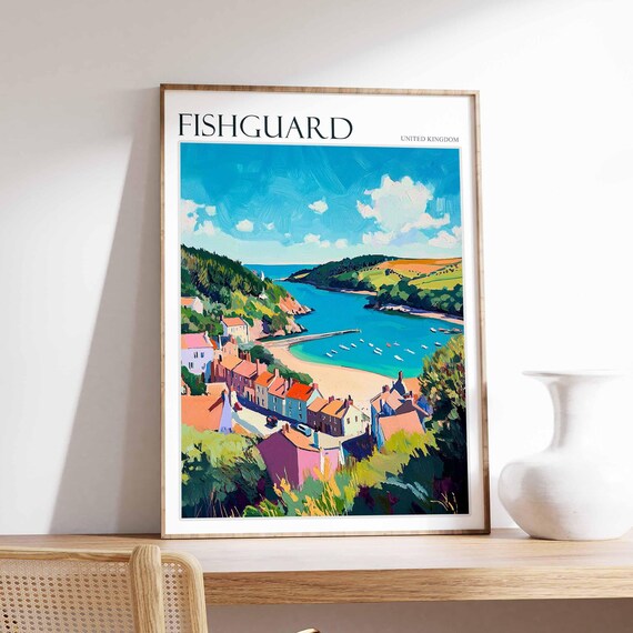 Fishguard Aerial Bay Colorful Seaside Town Sailboats Wales Travel Poster