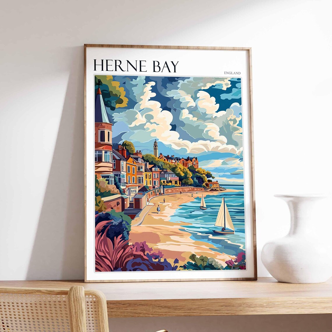 Herne Bay England Sailboats Bay Red Roof Town Skyline Poster