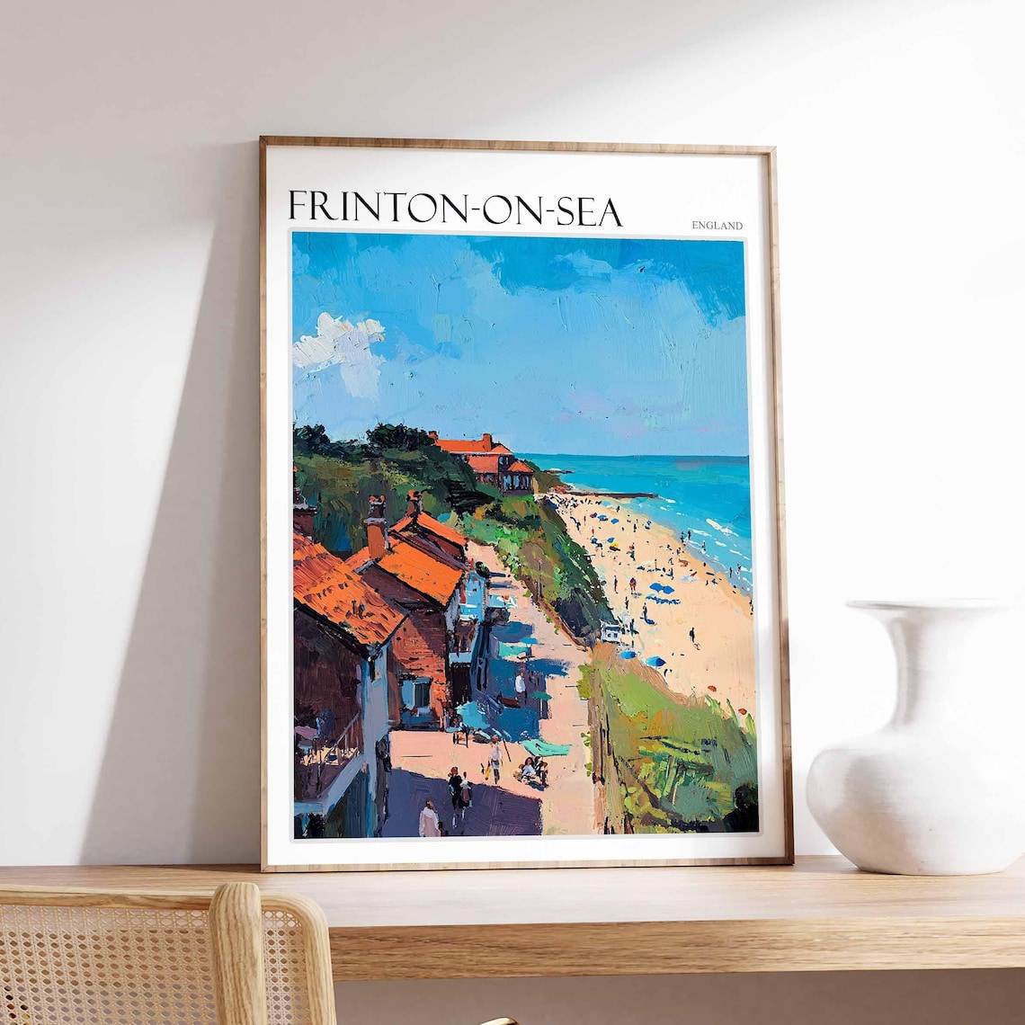 Frinton On Sea Red Roof Cottages Beach Umbrellas Impressionist Travel Poster