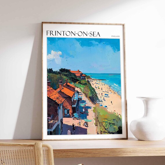 Frinton On Sea Red Roof Cottages Beach Umbrellas Impressionist Travel Poster
