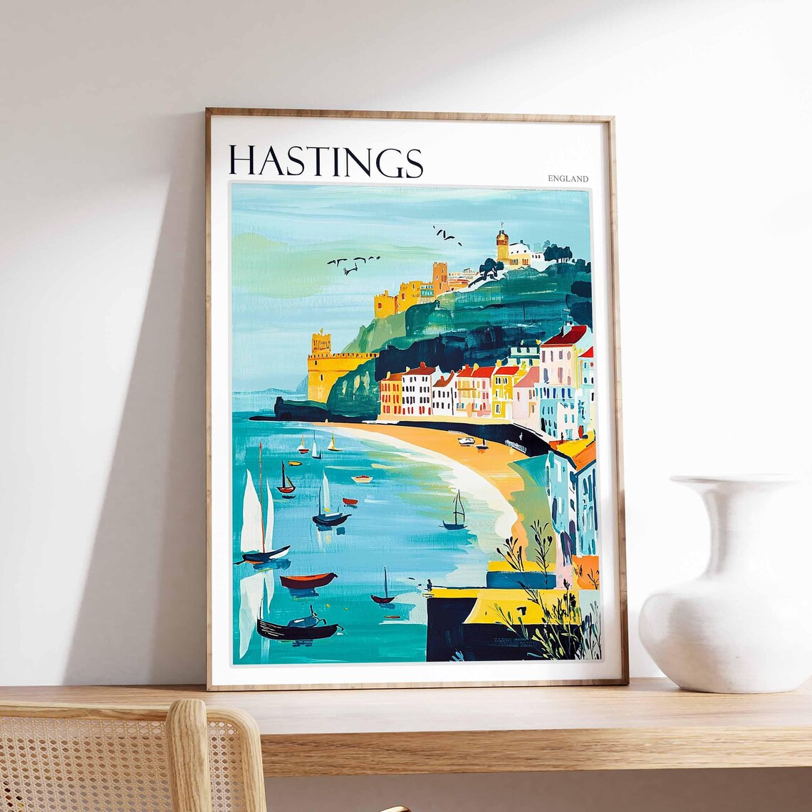 Hastings England Harbor Sailboats Pastel Beach Houses Poster