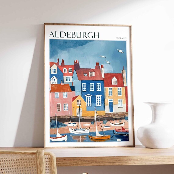 Aldeburgh Harbour Sailboats Colourful Houses Naive England Coast Poster