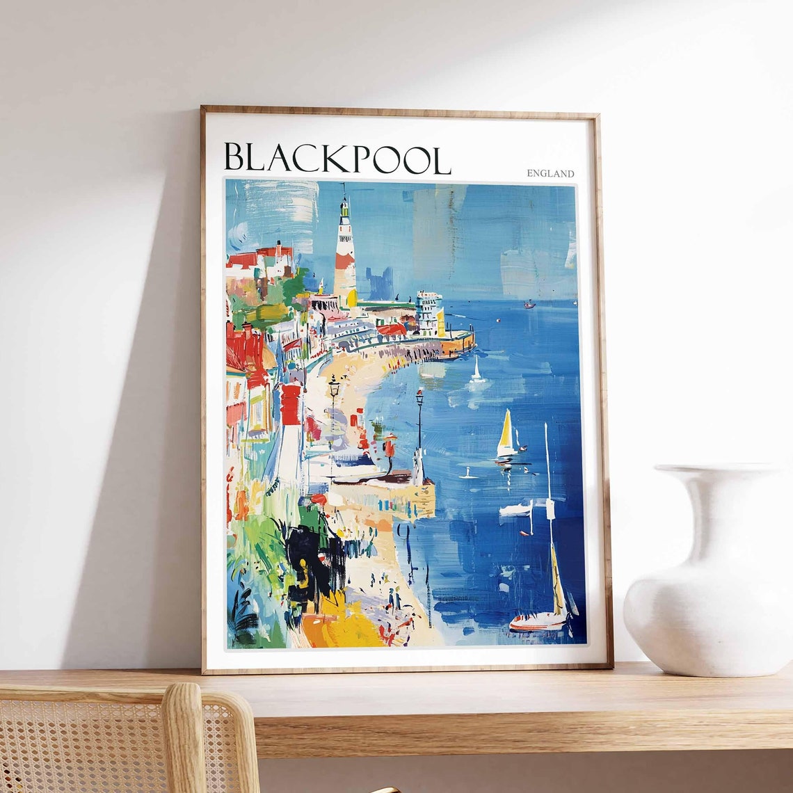 Blackpool Tower Sailing Boats Sea Abstract Expressionist Poster
