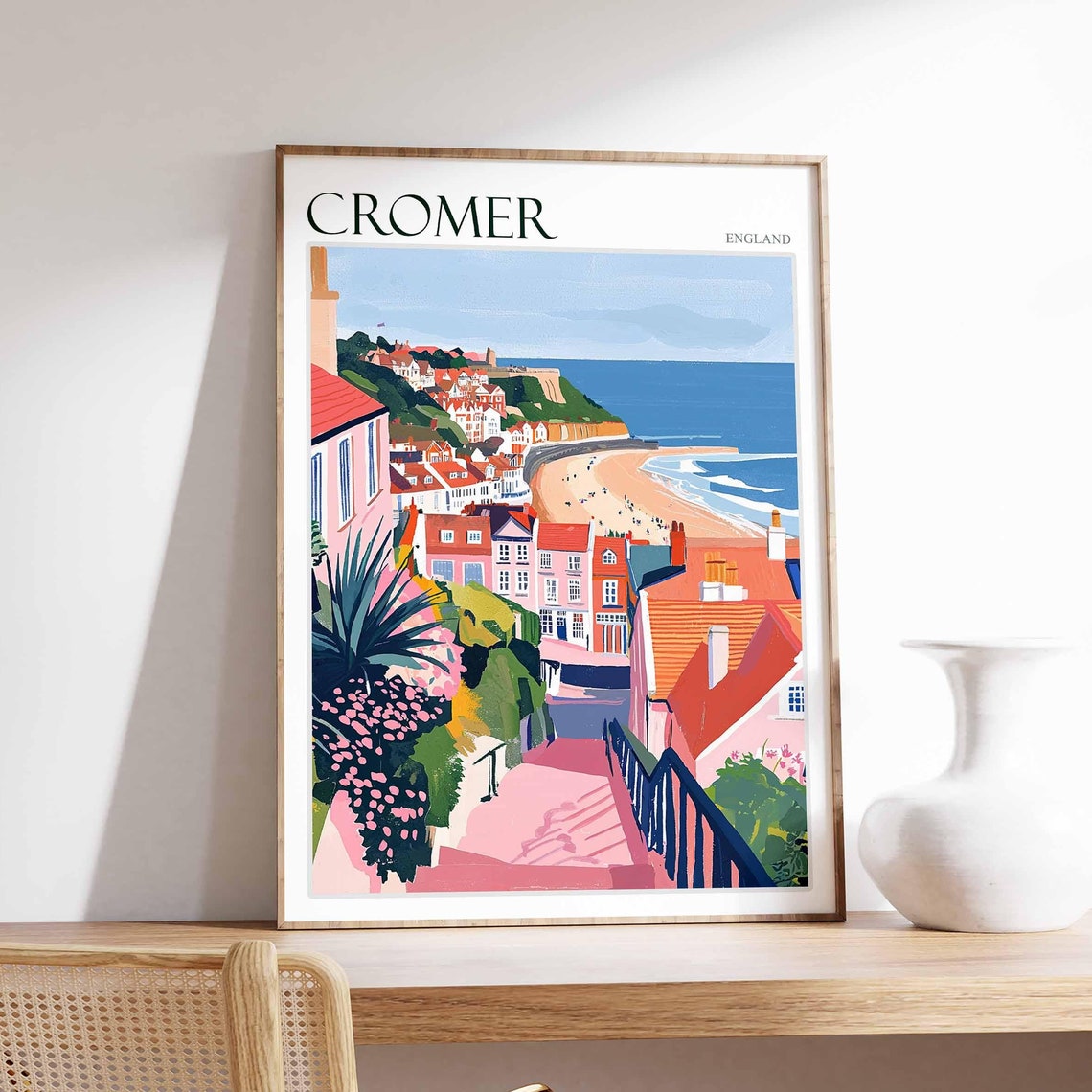 Cromer England Seaside Cliffs Sandy Beach Coastal Town Travel Poster