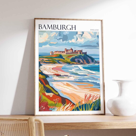 Bamburgh England Historic Castle Cliff Beach Waves Shore Poster
