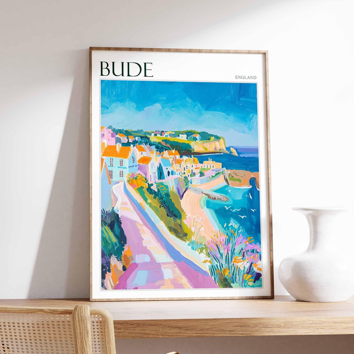 Bude Cornwall Clifftop Path Down to the Sea Painted Travel Poster