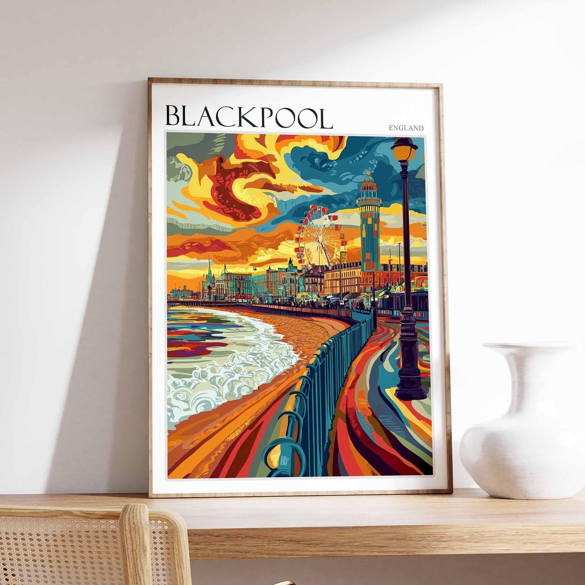 Blackpool England Sunset Promenade Tower Ferris Wheel Poster