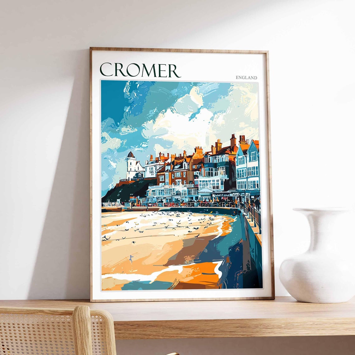 Cromer England Seafront Hotels and Gulls Over the Beach Poster