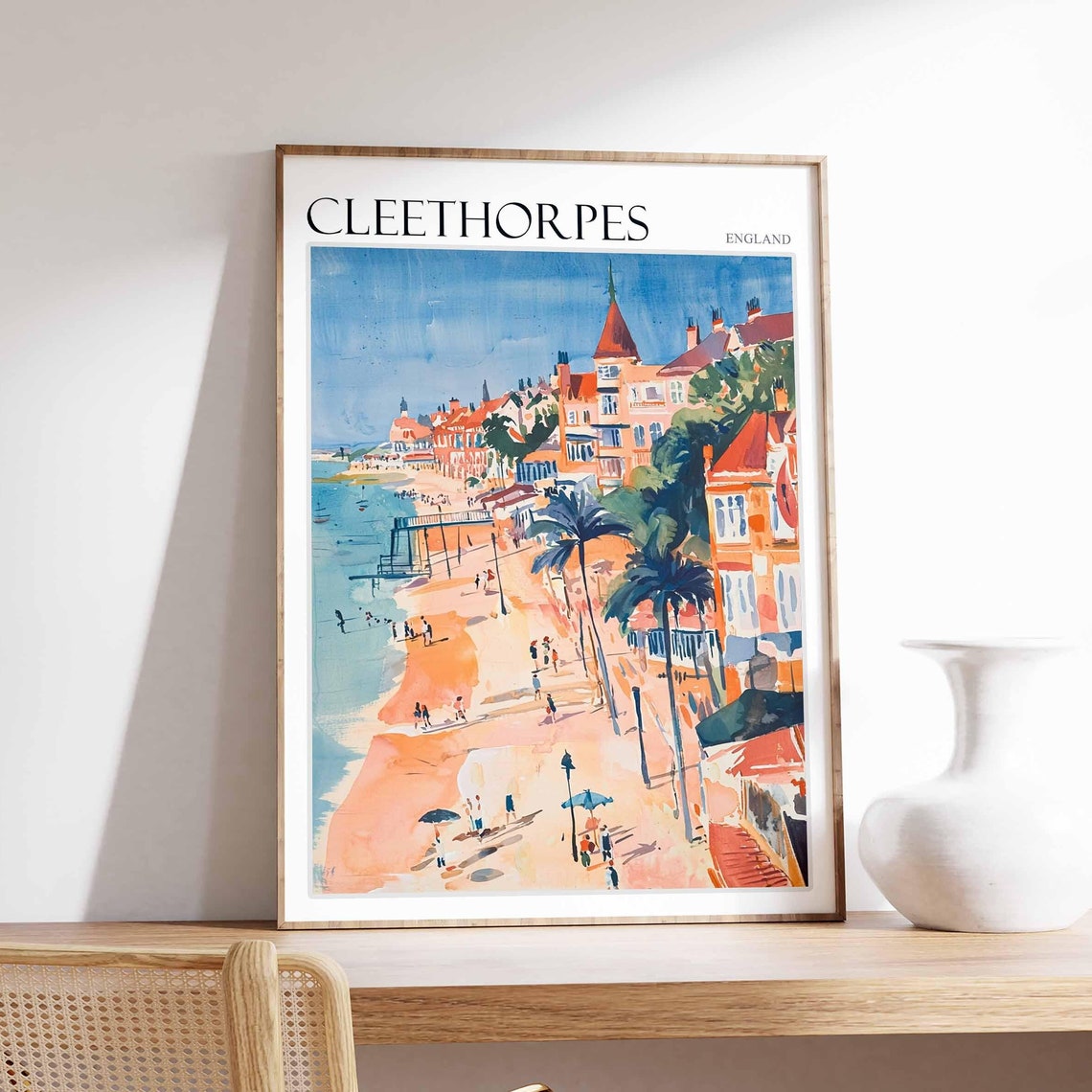 Cleethorpes England Palm Tree Promenade Pier Watercolor Travel Poster