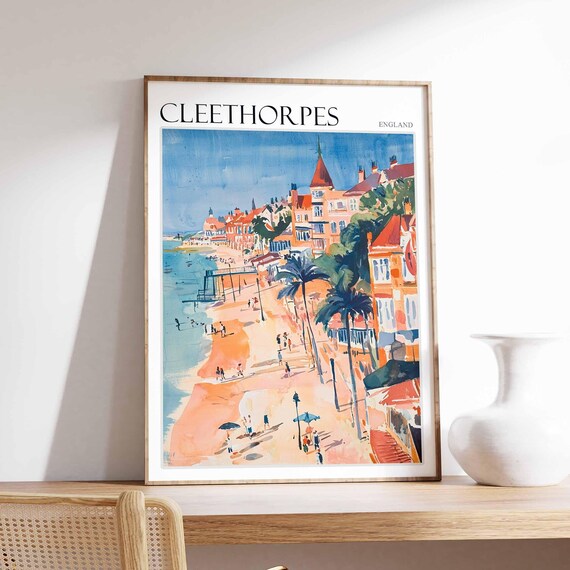 Cleethorpes England Palm Tree Promenade Pier Watercolor Travel Poster