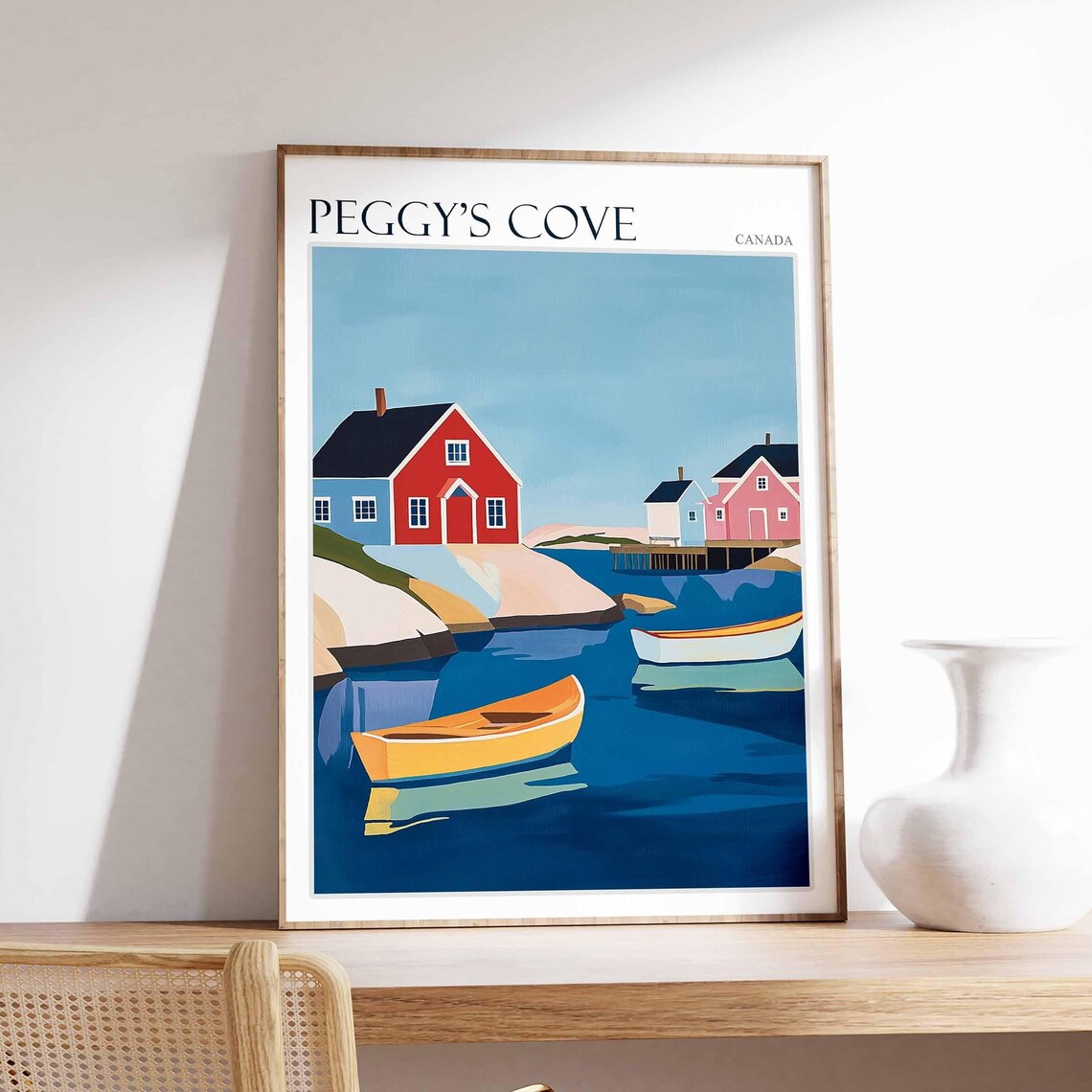 Peggy's Cove Canada Red Boathouse and Rowboats on Blue Water Poster