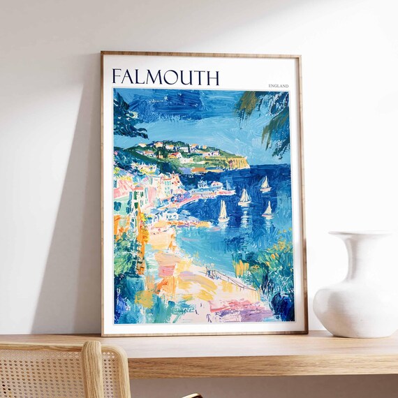 Falmouth England Blue Harbor Sailboats Impressionist Art Poster