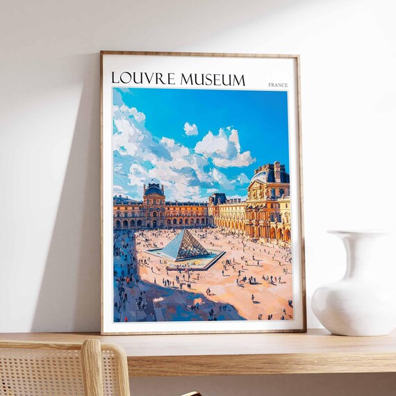Louvre Museum Sunny Courtyard Crowd Scene France Travel Poster