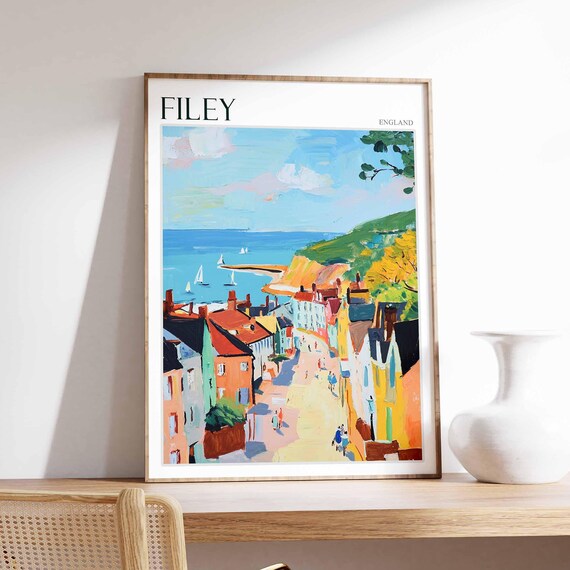 Filey England Harbor Town Bay Sailboats Cliffs Travel Poster