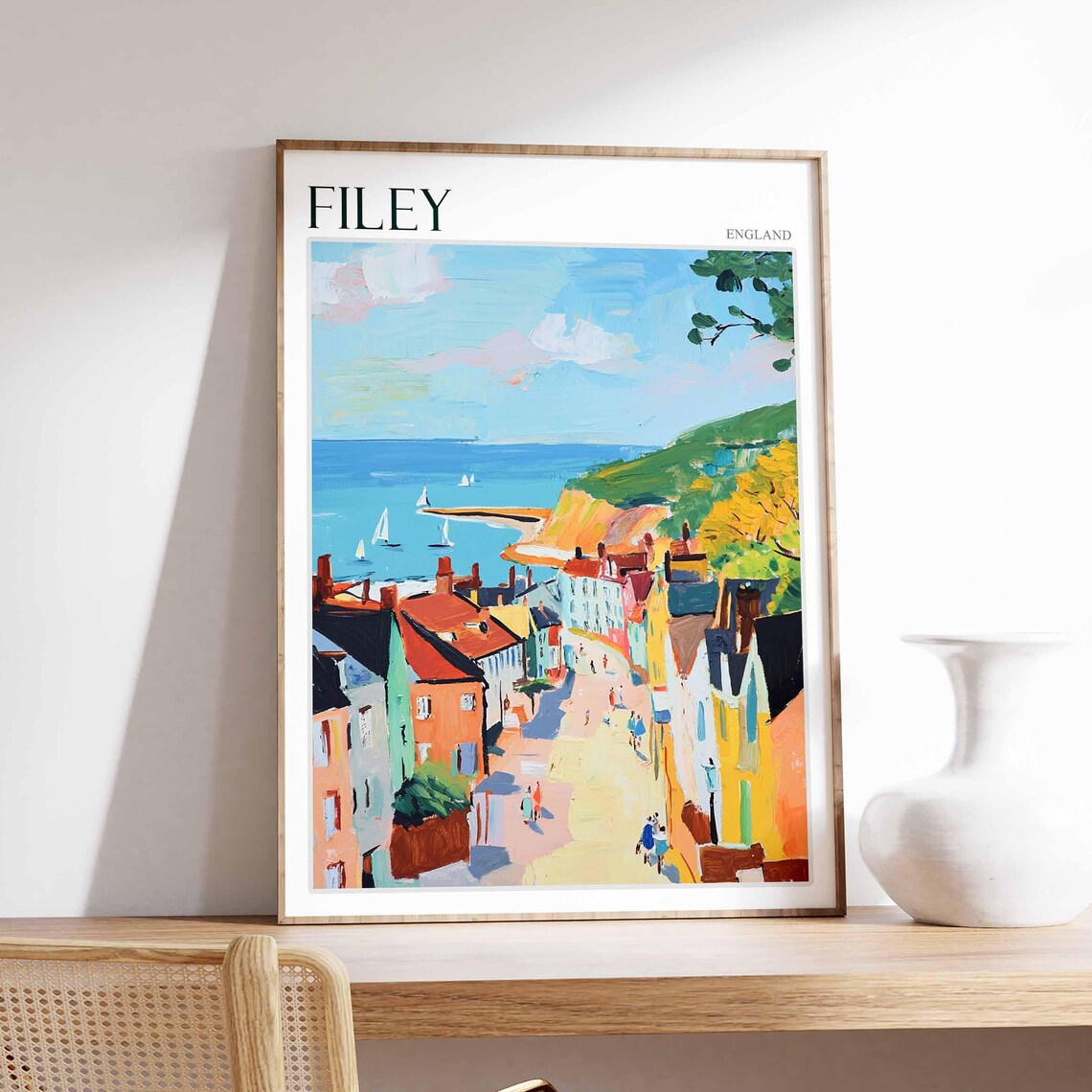 Filey England Harbor Town Bay Sailboats Cliffs Travel Poster