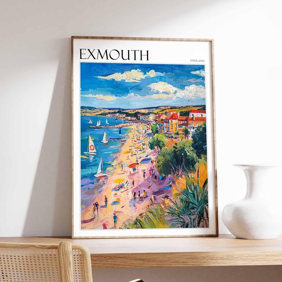 Exmouth England Sandy Beach Sailboats Busy Coast Scene Poster