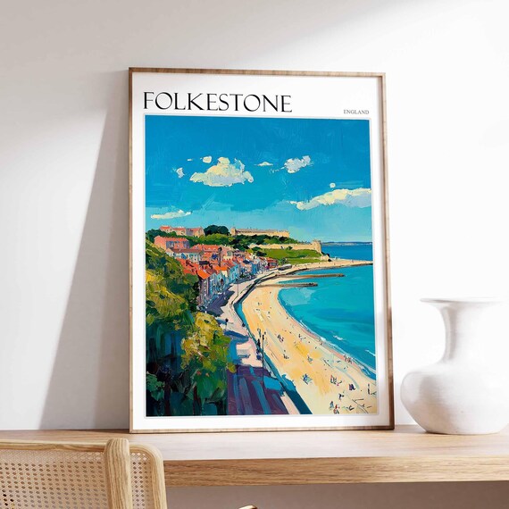 Folkestone England Bay Panorama Red Roof Town Skyline Poster