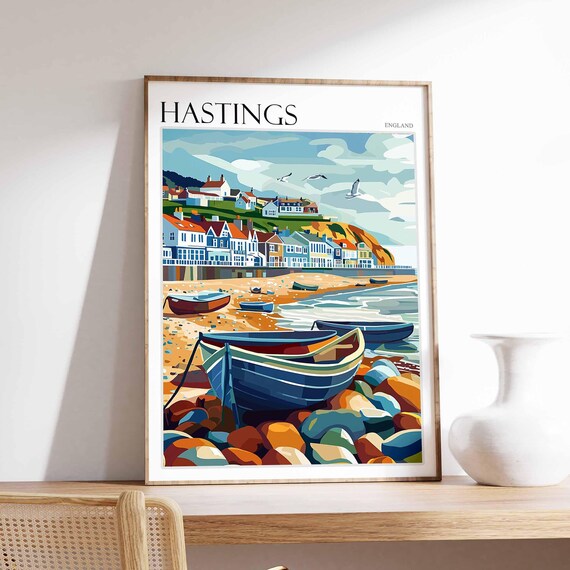 Hastings Pebble Beach Rowboats Colorful Houses Hillside Town Travel Poster