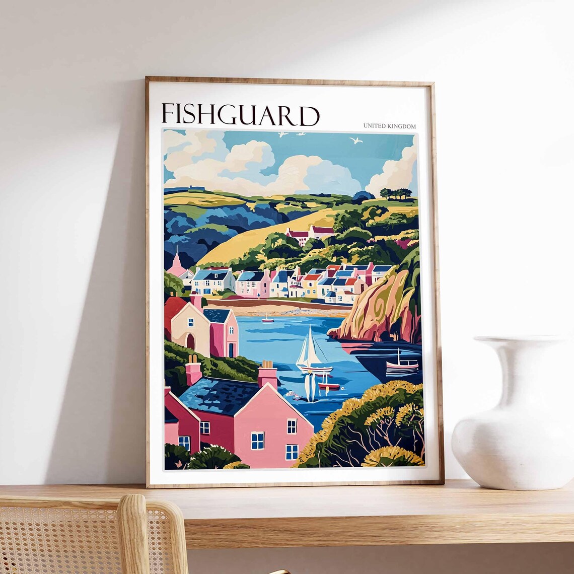 Fishguard Bold Graphic Sailboat Harbor Colorful Modern Style Travel Poster