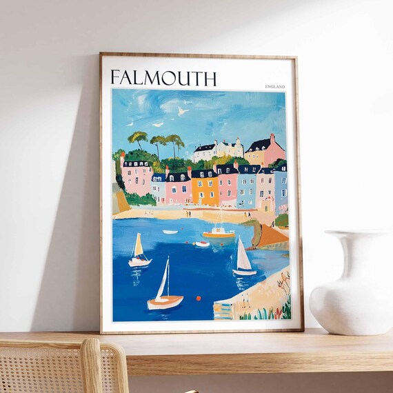 Falmouth England Harbor Town Sailboats Beach Pastel Painting Poster