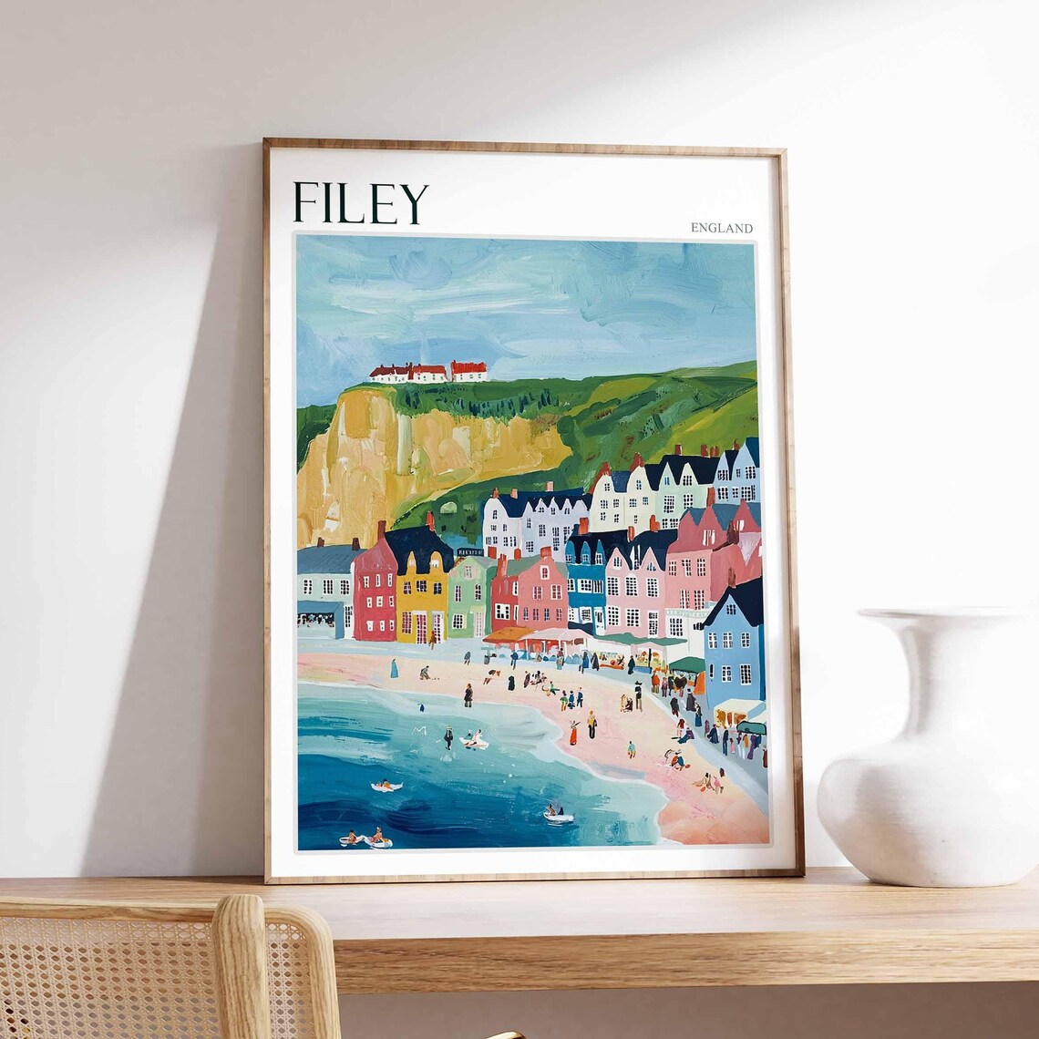 Filey England Colorful Harbor Houses Beach Boats Painting Style Poster