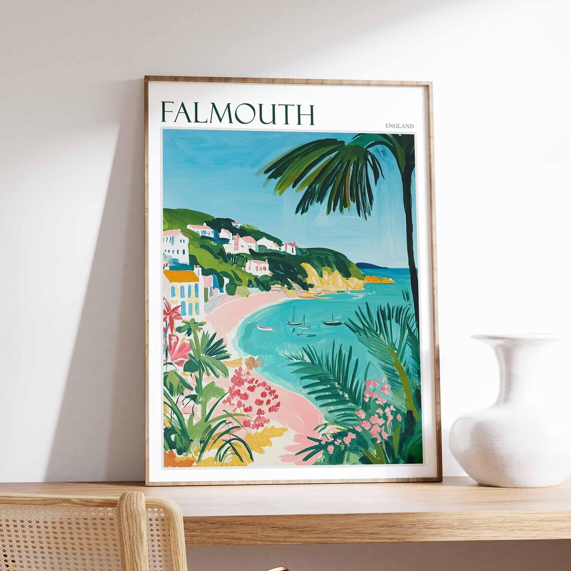 Falmouth England Tropical Palm Cove Turquoise Water Illustration Poster