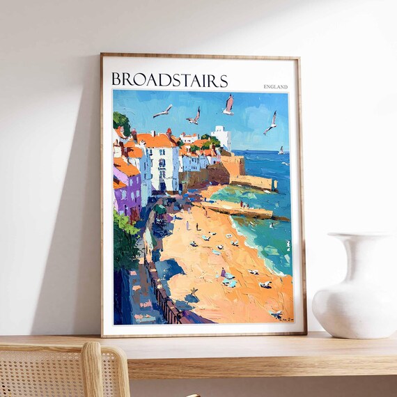 Broadstairs Kent Seagulls Over Beach Cottages Impasto Oil Art Poster