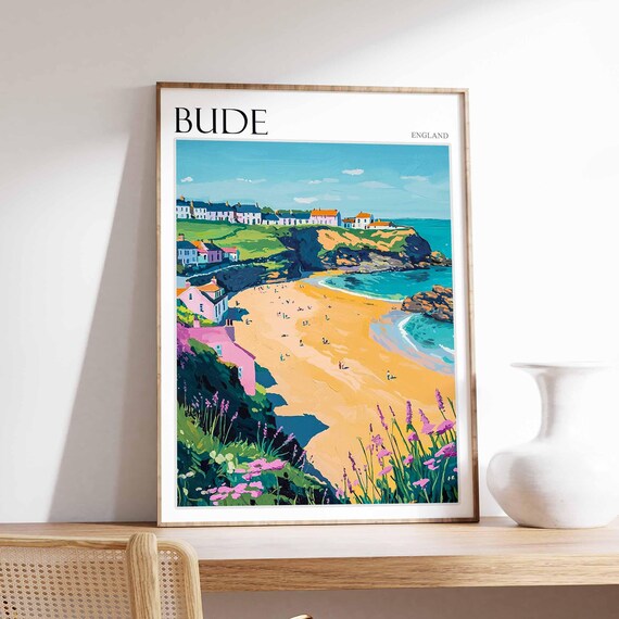 Bude England Cornish Beach Colorful Houses Painted Travel Poster