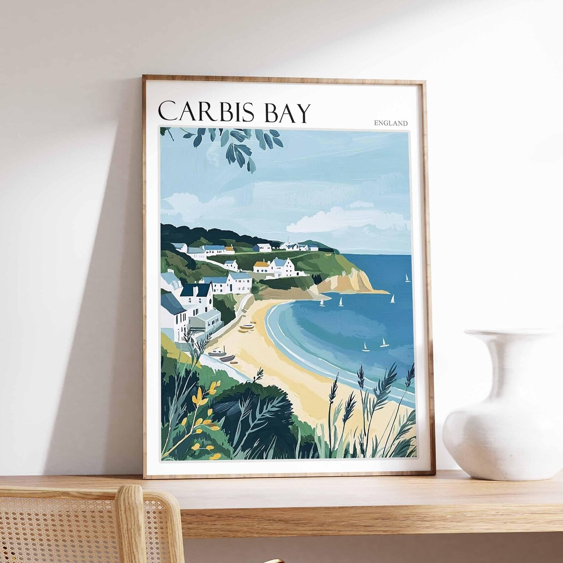 Carbis Bay England White Cottages Hill Bay Sailboats Travel Poster