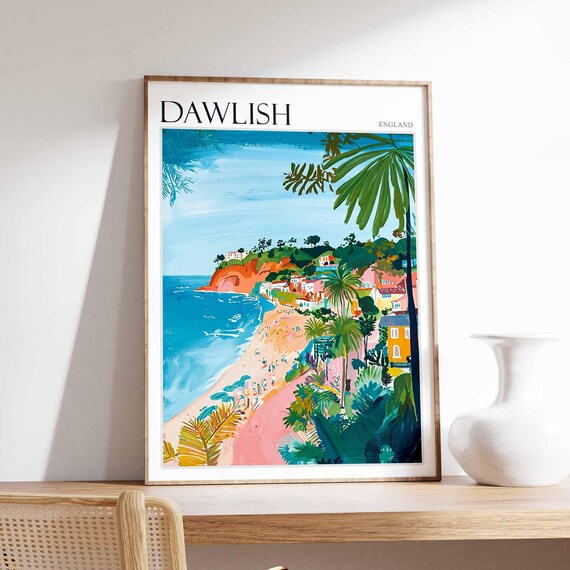 Dawlish England Palm Trees and Red Cliffs Beach Scene Poster