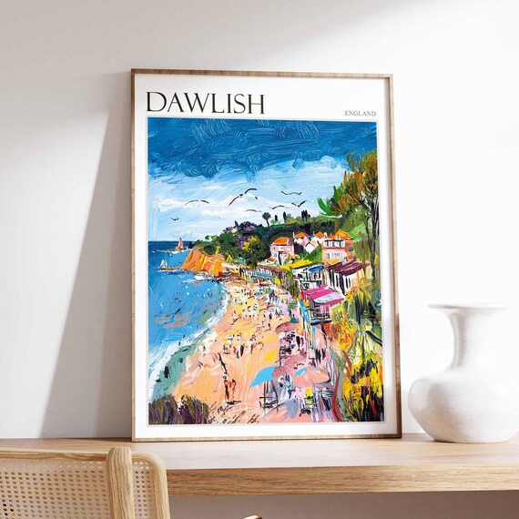 Dawlish England Busy Beach Day with Parasols and Seabirds Poster