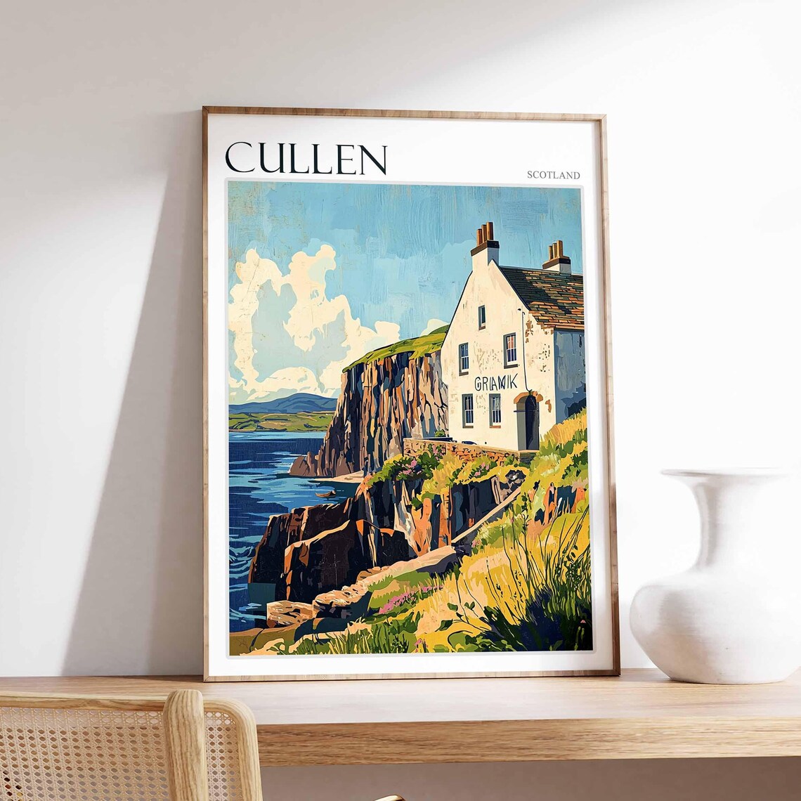 Cullen Scotland Cliffside Cottage Sea Coast Rugged Cliffs Travel Poster