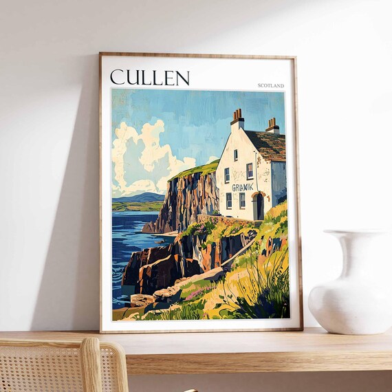 Cullen Scotland Cliffside Cottage Sea Coast Rugged Cliffs Travel Poster