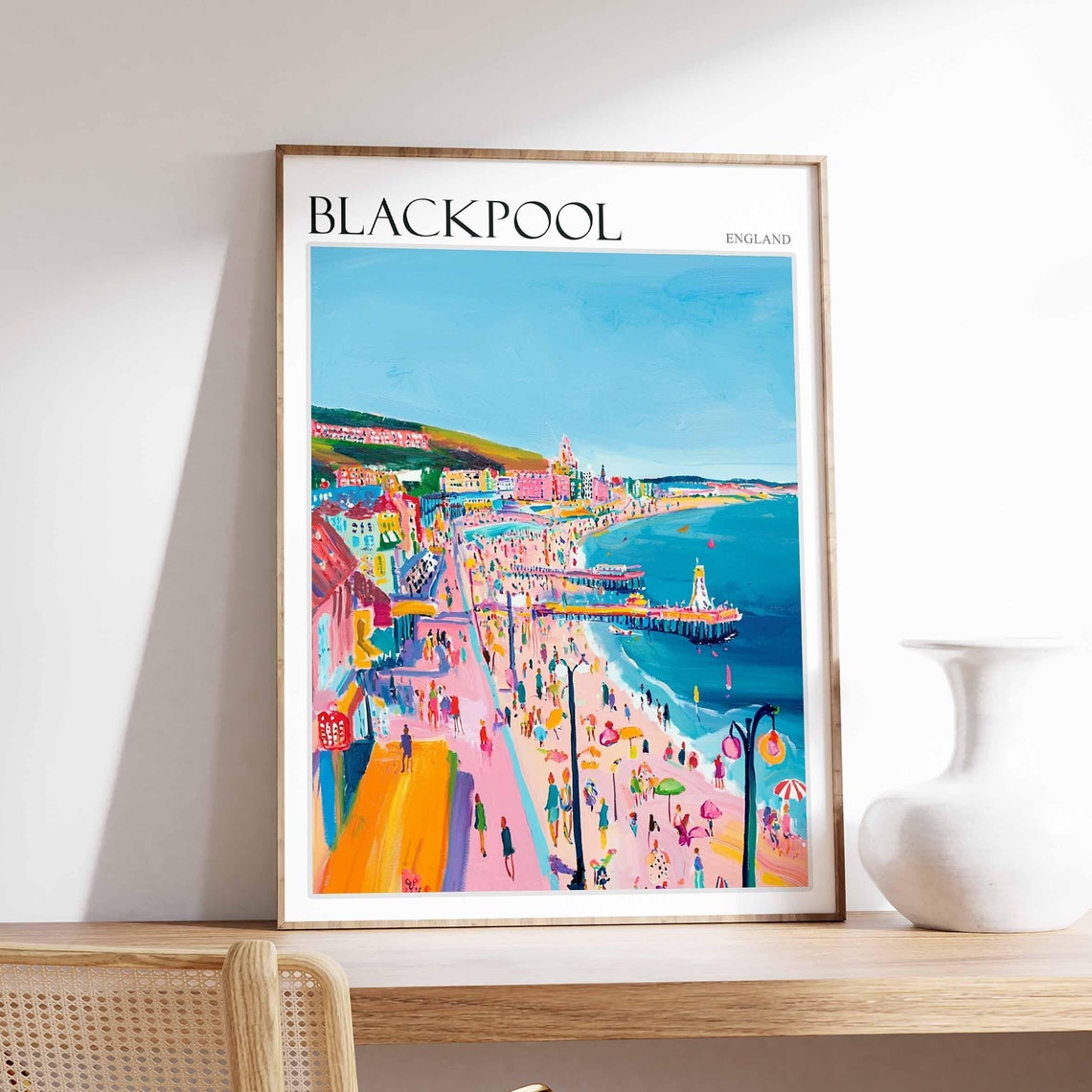 Blackpool England Pier Promenade Beach Colorful Travel Poster