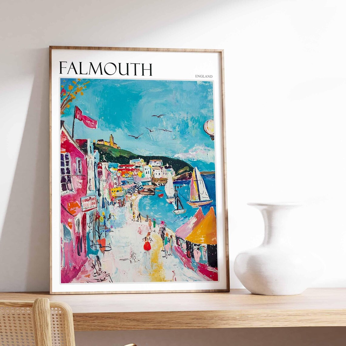 Falmouth England Harbor Street Sailboats Pink Houses Expressionist Poster