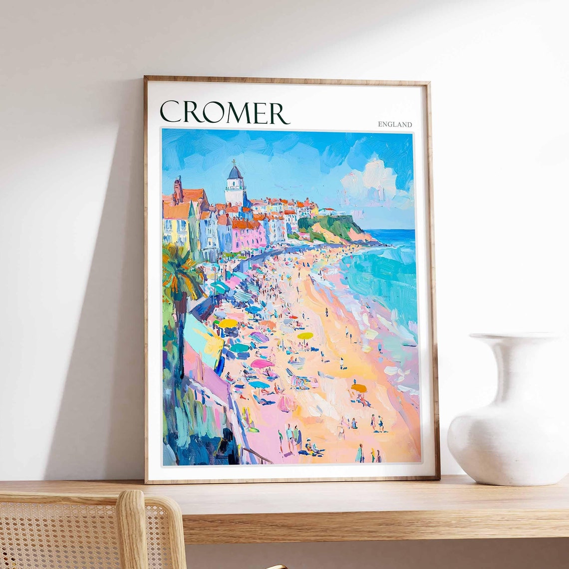 Cromer England Sandy Beach Colorful Umbrellas Cliff Town Poster
