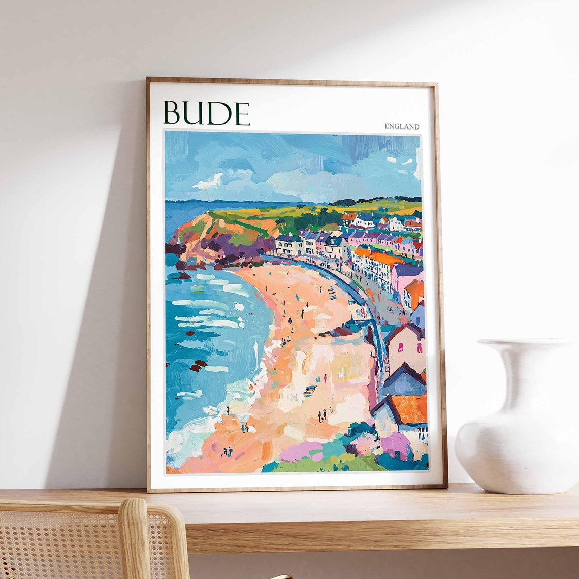 Bude Cornwall Sandy Beach Colorful Town Painted Aerial Travel Poster