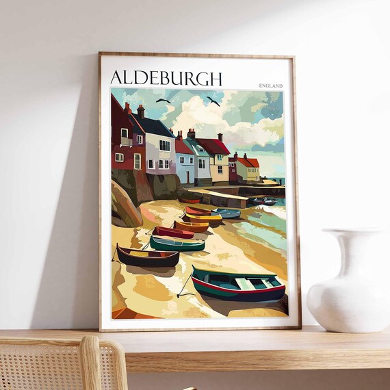 Aldeburgh Beached Boats Low Tide Cliffs Suffolk Seaside Travel Poster